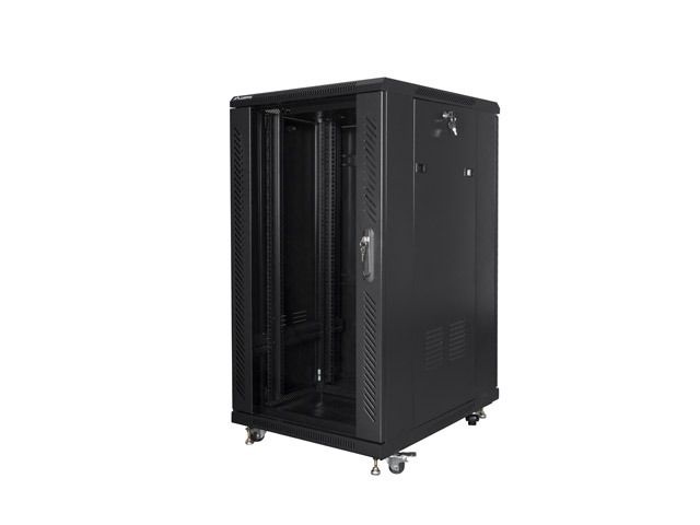 Lanberg FF01-6822-12B 19" 22U SZÉL:600mm MÉLY:800mm MAG:1159mm lapraszerelt üvegajtós fekete rack szekrény