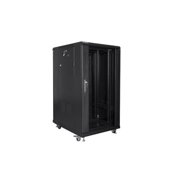 Lanberg FF01-6822-12B 19" 22U SZÉL:600mm MÉLY:800mm MAG:1159mm lapraszerelt üvegajtós fekete rack szekrény