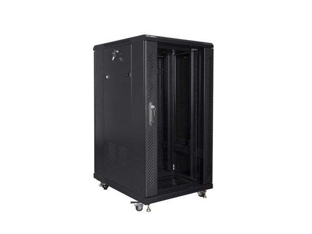 Lanberg FF01-6822-12B 19" 22U SZÉL:600mm MÉLY:800mm MAG:1159mm lapraszerelt üvegajtós fekete rack szekrény