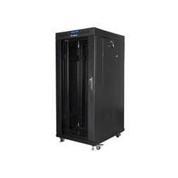 Lanberg FF01-6827-12BL 19" 27U SZÉL:600mm MÉLY:800mm MAG:1431mm lapraszerelt LCD üvegajtós fekete rack szekrény