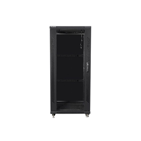Lanberg FF01-6827-12B 19" 27U SZÉL:600mm MÉLY:600mm MAG:1381mm lapraszerelt üvegajtós fekete rack szekrény