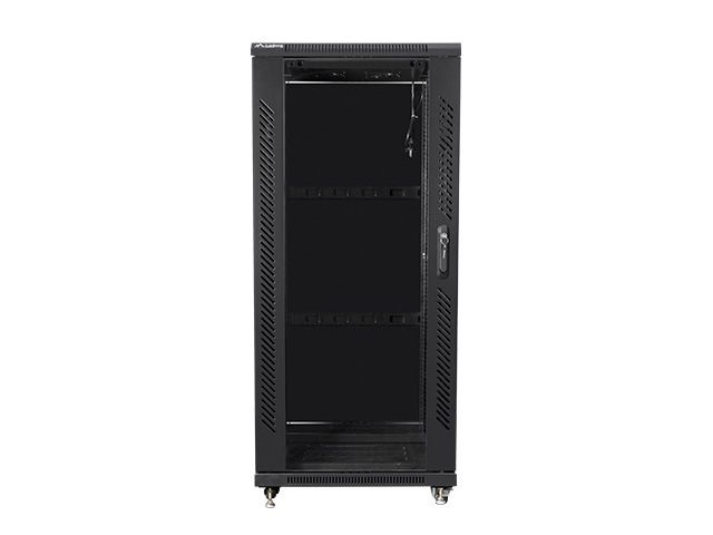 Lanberg FF01-6827-12B 19" 27U SZÉL:600mm MÉLY:600mm MAG:1381mm lapraszerelt üvegajtós fekete rack szekrény