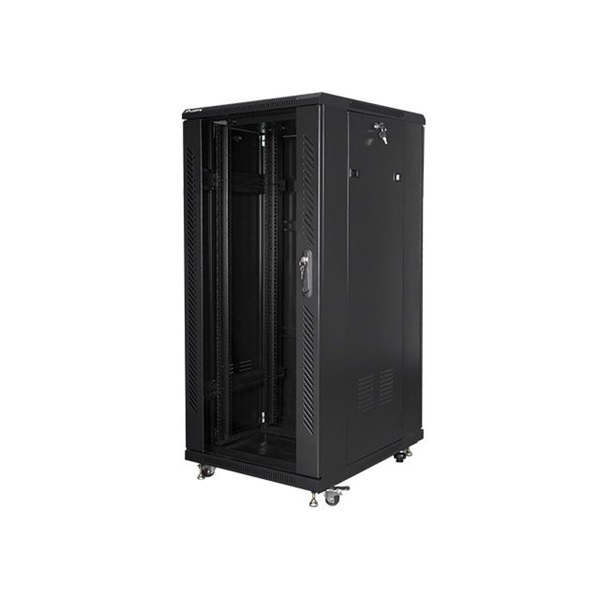 Lanberg FF01-6827-12B 19" 27U SZÉL:600mm MÉLY:600mm MAG:1381mm lapraszerelt üvegajtós fekete rack szekrény