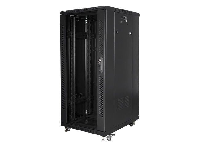 Lanberg FF01-6827-12B 19" 27U SZÉL:600mm MÉLY:600mm MAG:1381mm lapraszerelt üvegajtós fekete rack szekrény