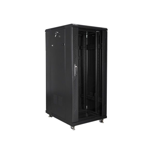 Lanberg FF01-6827-12B 19" 27U SZÉL:600mm MÉLY:600mm MAG:1381mm lapraszerelt üvegajtós fekete rack szekrény