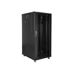 Lanberg FF01-6827-12B 19" 27U SZÉL:600mm MÉLY:600mm MAG:1381mm lapraszerelt üvegajtós fekete rack szekrény