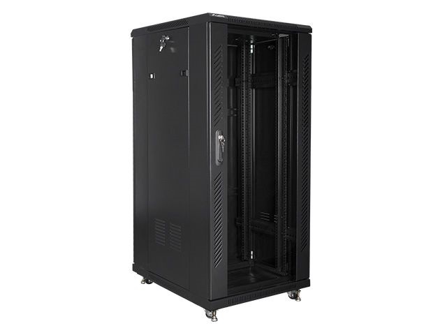 Lanberg FF01-6827-12B 19" 27U SZÉL:600mm MÉLY:600mm MAG:1381mm lapraszerelt üvegajtós fekete rack szekrény