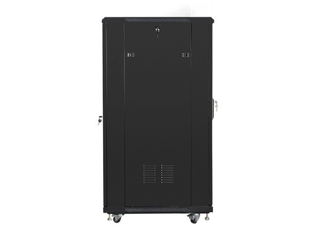 Lanberg FF01-6827-12B 19" 27U SZÉL:600mm MÉLY:600mm MAG:1381mm lapraszerelt üvegajtós fekete rack szekrény