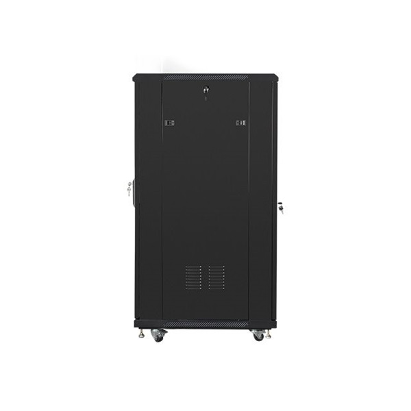 Lanberg FF01-6827-12B 19" 27U SZÉL:600mm MÉLY:600mm MAG:1381mm lapraszerelt üvegajtós fekete rack szekrény