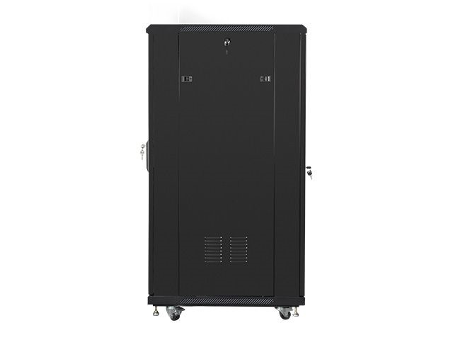 Lanberg FF01-6827-12B 19" 27U SZÉL:600mm MÉLY:600mm MAG:1381mm lapraszerelt üvegajtós fekete rack szekrény