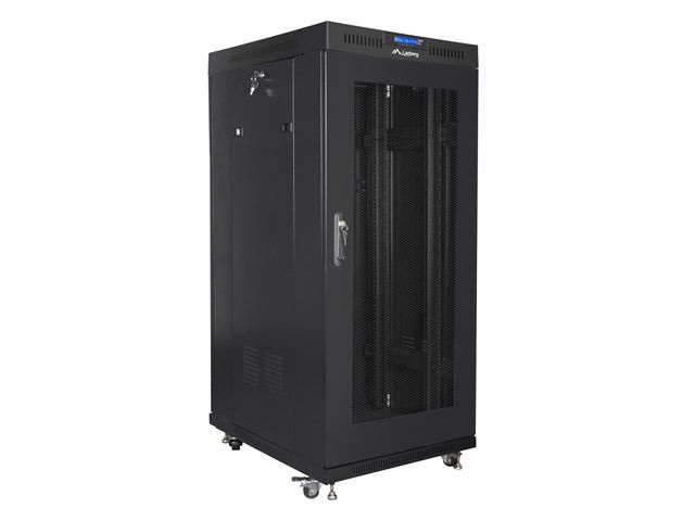 Lanberg FF01-6827-23BL 19" 27U SZÉL:600mm MÉLY:800mm MAG:1431mm lapraszerelt LCD hálós fémajtós fekete rack szekrény
