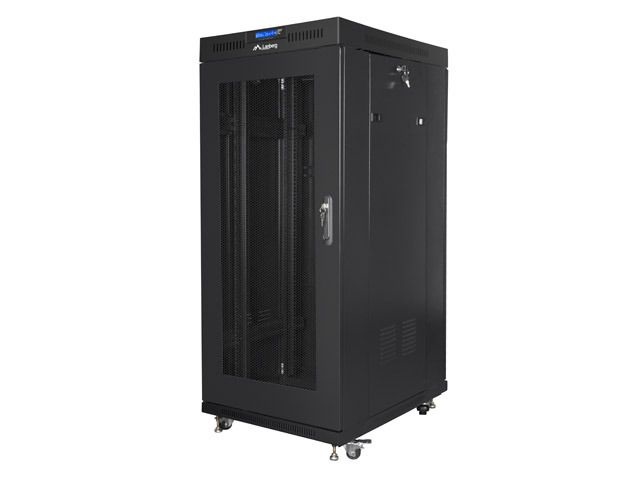 Lanberg FF01-6827-23BL 19" 27U SZÉL:600mm MÉLY:800mm MAG:1431mm lapraszerelt LCD hálós fémajtós fekete rack szekrény