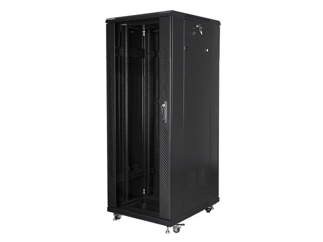 Lanberg FF01-6832-12B 19" 32U SZÉL:600mm MÉLY:800mm MAG:1603mm lapraszerelt üvegajtós fekete rack szekrény