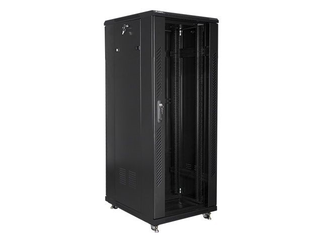 Lanberg FF01-6832-12B 19" 32U SZÉL:600mm MÉLY:800mm MAG:1603mm lapraszerelt üvegajtós fekete rack szekrény