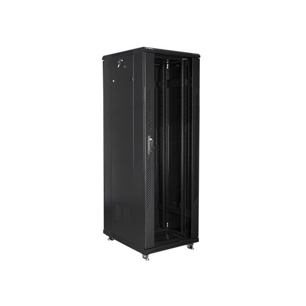 Lanberg FF01-6837-12B 19" 37U SZÉL:600mm MÉLY:800mm MAG:1826mm lapraszerelt üvegajtós fekete rack szekrény