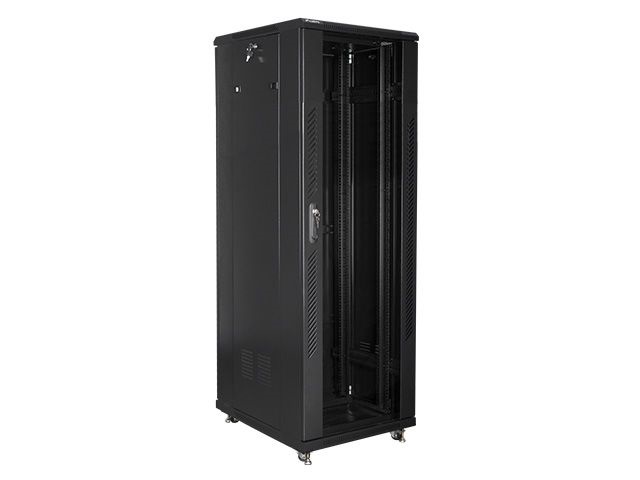 Lanberg FF01-6837-12B 19" 37U SZÉL:600mm MÉLY:800mm MAG:1826mm lapraszerelt üvegajtós fekete rack szekrény