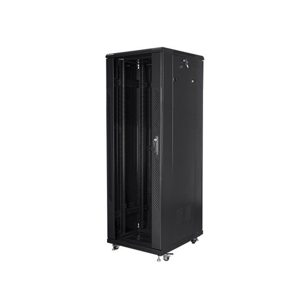 Lanberg FF01-6837-12B 19" 37U SZÉL:600mm MÉLY:800mm MAG:1826mm lapraszerelt üvegajtós fekete rack szekrény