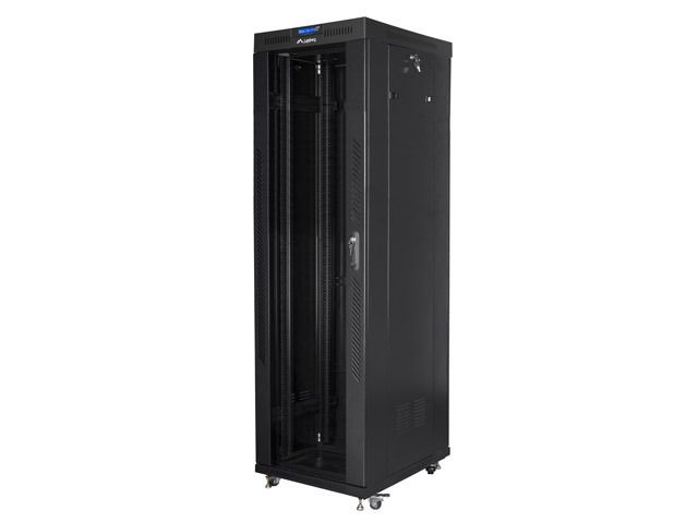 Lanberg FF01-6842-12BL 19" 42U SZÉL:600mm MÉLY:800mm MAG:2097mm lapraszerelt LCD üvegajtós fekete rack szekrény