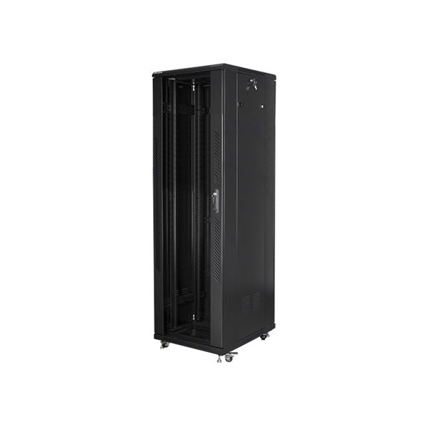 Lanberg FF01-6842-12B 19" 42U SZÉL:600mm MÉLY:800mm MAG:2047mm lapraszerelt üvegajtós fekete rack szekrény