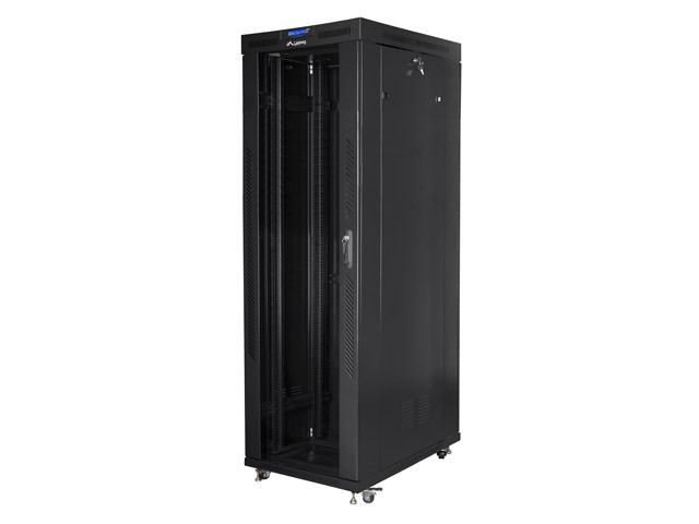 Lanberg FF01-8042-12BL 19" 42U SZÉL:800mm MÉLY:1000mm MAG:2097mm lapraszerelt LCD üvegajtós fekete rack szekrény