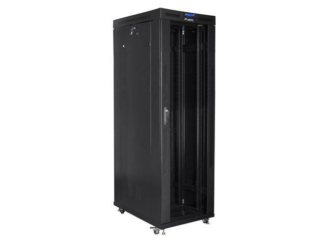 Lanberg FF01-8042-12BL 19" 42U SZÉL:800mm MÉLY:1000mm MAG:2097mm lapraszerelt LCD üvegajtós fekete rack szekrény