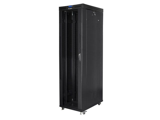 Lanberg FF01-8047-12BL 19" 47U SZÉL:800mm MÉLY:1000mm MAG:2320mm lapraszerelt LCD üvegajtós fekete rack szekrény