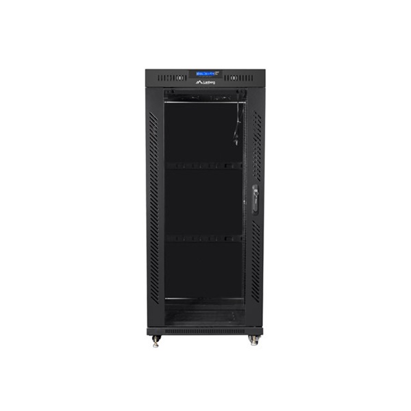 Lanberg FF01-8227-12BL 19" 27U SZÉL:800mm MÉLY:1200mm MAG:1438mm lapraszerelt LCD üvegajtós fekete rack szekrény