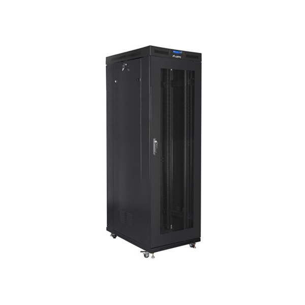 Lanberg FF01-8227-23BL 19" 27Umm SZÉL:800mm MÉLY:1200mm MAG:1438 lapraszerelt LCD hálós fémajtós fekete rack szekrény