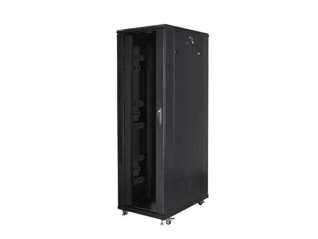 Lanberg FF01-8242-12B 19" 42U SZÉL:800mm MÉLY:1200mm MAG:2047mm lapraszerelt üvegajtós fekete rack szekrény
