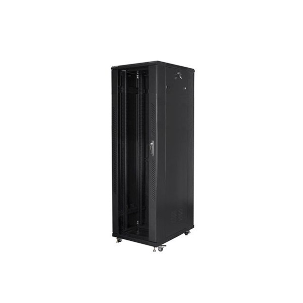 Lanberg FF01-8842-12B 19" 42U SZÉL:800mm MÉLY:800mm MAG:2047mm lapraszerelt üvegajtós fekete rack szekrény