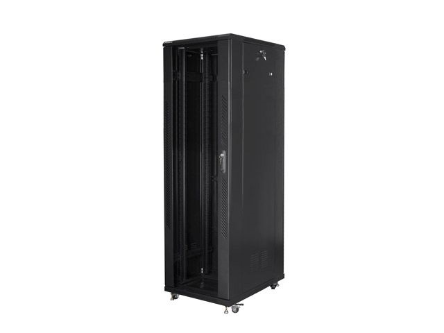 Lanberg FF01-8842-12B 19" 42U SZÉL:800mm MÉLY:800mm MAG:2047mm lapraszerelt üvegajtós fekete rack szekrény