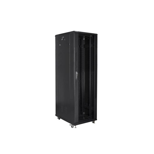 Lanberg FF01-8842-12B 19" 42U SZÉL:800mm MÉLY:800mm MAG:2047mm lapraszerelt üvegajtós fekete rack szekrény