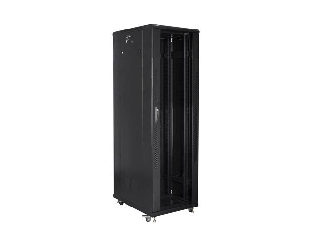 Lanberg FF01-8842-12B 19" 42U SZÉL:800mm MÉLY:800mm MAG:2047mm lapraszerelt üvegajtós fekete rack szekrény