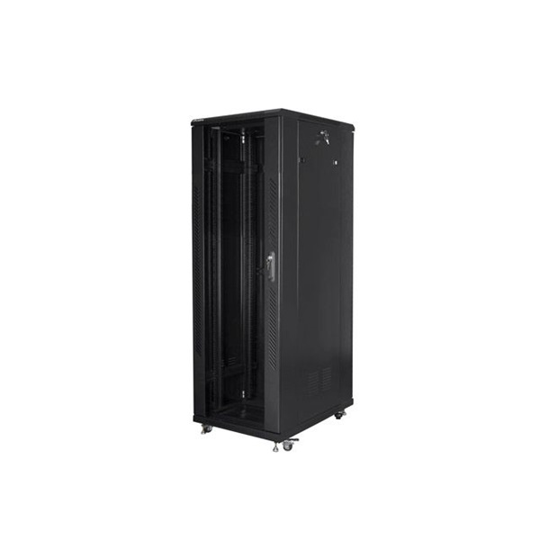 Lanberg FF01-8847-12B 19" 47U SZÉL:800mm MÉLY:800mm MAG:2270mm lapraszerelt üvegajtós fekete rack szekrény