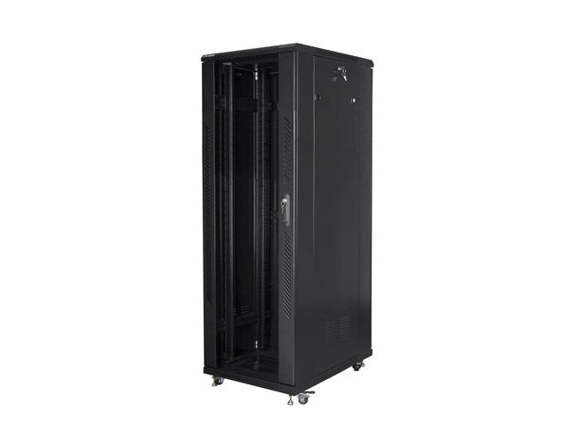 Lanberg FF01-8847-12B 19" 47U SZÉL:800mm MÉLY:800mm MAG:2270mm lapraszerelt üvegajtós fekete rack szekrény