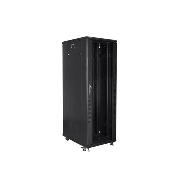 Lanberg FF01-8847-12B 19" 47U SZÉL:800mm MÉLY:800mm MAG:2270mm lapraszerelt üvegajtós fekete rack szekrény