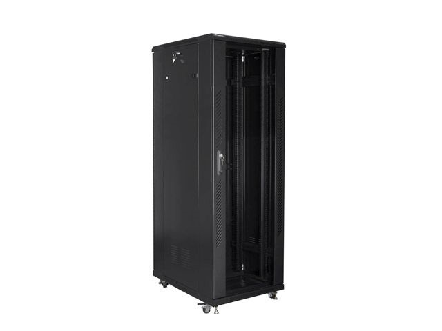 Lanberg FF01-8847-12B 19" 47U SZÉL:800mm MÉLY:800mm MAG:2270mm lapraszerelt üvegajtós fekete rack szekrény