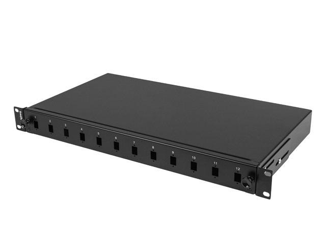 Lanberg FOP1-12SS-LDB 19" 1U 12xSC simplex vagy 12xLC duplex fekete kihúzható optikai üres patch panel