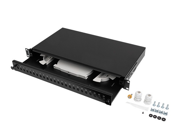 Lanberg FOP1-24ST-FCB 19" 1U 24xST vagy 24xFC fekete kihúzható optikai üres patch panel