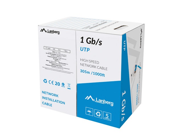 Lanberg LCU6-10CC-0305-B U/UTP CCA 1Gb/s 250 MHz 305m árnyékolatlan réz bevonatú alumínium kék fali kábel