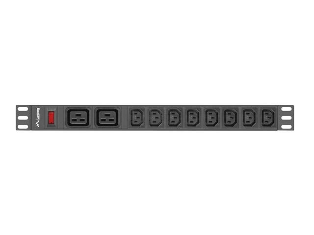 Lanberg PDU-02I1908I-0200-C20-BK 2m vezeték 19"/1U 2xC19 8xC13 aljzat C20 csatlakozóvéggel fekete elosztósor kapcsolóval