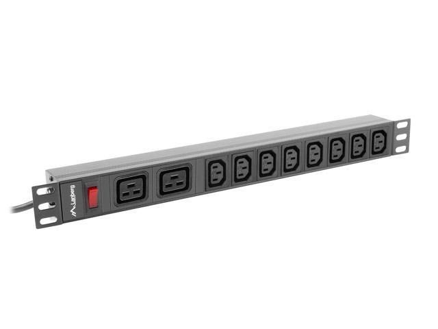 Lanberg PDU-02I1908I-0200-C20-BK 2m vezeték 19"/1U 2xC19 8xC13 aljzat C20 csatlakozóvéggel fekete elosztósor kapcsolóval