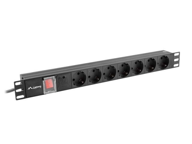 Lanberg PDU-07F-0200-BK 2m vezetékkel 19"/1U 7xSchuko aljzat Uni-Schuko csatlakozóvéggel fekete elosztósor kapcsolóval