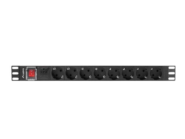 Lanberg PDU-08F-0200-BK 2m vezetékkel 19"/1U 8xSchuko aljzat Uni-Schuko csatlakozóvéggel fekete elosztósor kapcsolóval