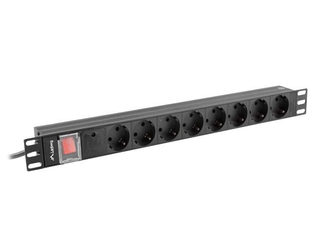 Lanberg PDU-08F-0200-BK 2m vezetékkel 19"/1U 8xSchuko aljzat Uni-Schuko csatlakozóvéggel fekete elosztósor kapcsolóval