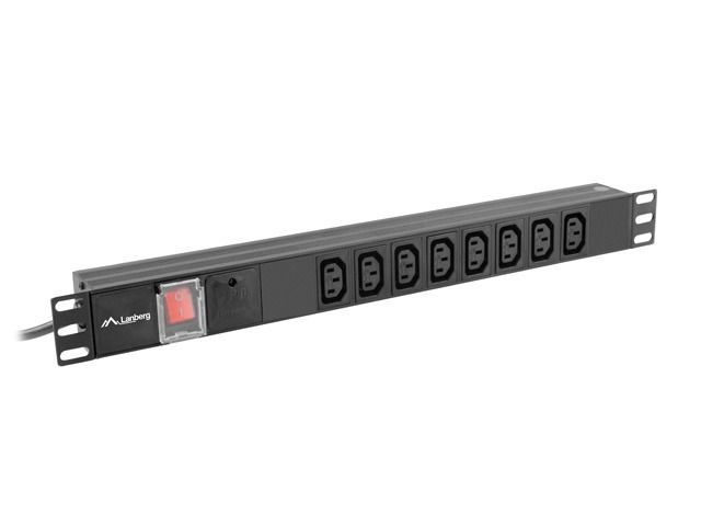 Lanberg PDU-08I-0200-C20-BK 2m vezetékkel 19"/1U 8xC13 aljzat C20 csatlakozóvéggel fekete elosztósor kapcsolóval