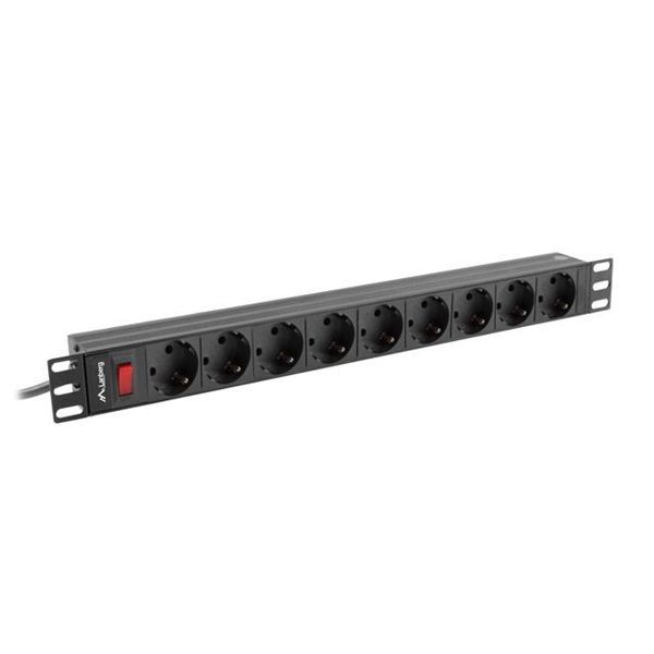 Lanberg PDU-09F-0300-BK 3m vezetékkel 19"/1U 9xSchuko aljzat Uni-Schuko csatlakozóvéggel fekete elosztósor kapcsolóval