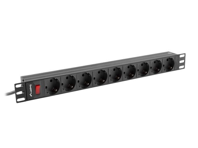 Lanberg PDU-09F-0300-BK 3m vezetékkel 19"/1U 9xSchuko aljzat Uni-Schuko csatlakozóvéggel fekete elosztósor kapcsolóval