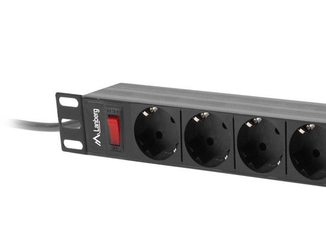 Lanberg PDU-09F-0300-BK 3m vezetékkel 19"/1U 9xSchuko aljzat Uni-Schuko csatlakozóvéggel fekete elosztósor kapcsolóval