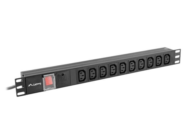 Lanberg PDU-10I-0200-IEC-BK 2m vezetékkel 19"/1U 10xC13 aljzat C14 csatlakozóvéggel fekete elosztósor kapcsolóval
